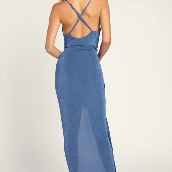 Lulu's Blue Ruched Asymmetrical Maxi Dress - Picture 3 of 6